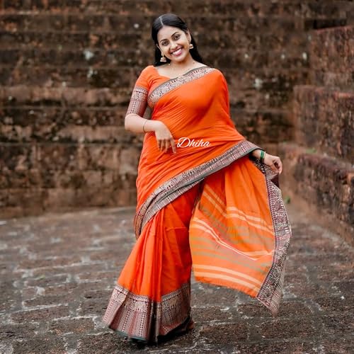 Image of Narayanpet Pure Cotton Saree for Women | Preethika Big Border Saree with Running Blouse | Tassels | Handloom Weave