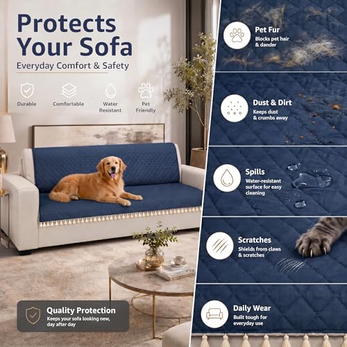 Image of Lukzer Quilted Sofa Cover Mat with Tassels for 5 Seater Sofa - Midnight Blue | Soft Washable Anti-Slip Protector for Living Room | Furniture Cover for Back-Seat Slipcover 3+1+1 Seat Cover /SC-191-5T