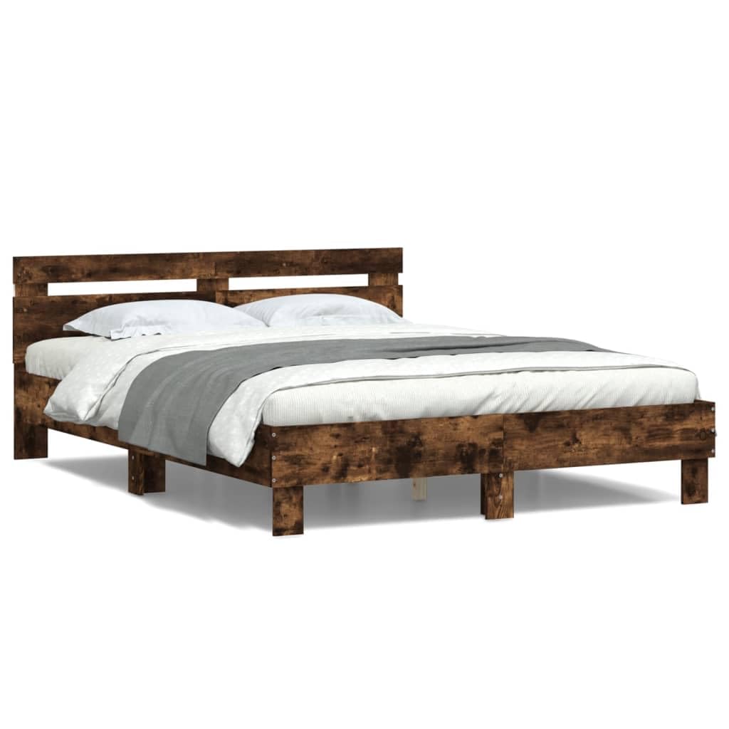 vidaXL Bed Frame with Headboard and LED, Bed Base for Bedroom Guest Room, Mattress Foundation for Double, Bedstead, Smoked Oak 140x200 cm — image 1