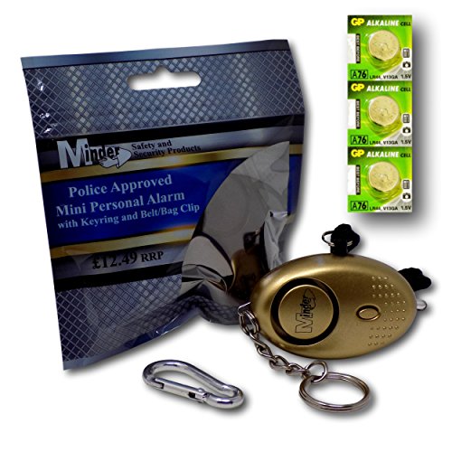 Minder Gold Mini Key Ring Personal Attack Rape Alarm 140db with Flashlight + Spare Battery Set - Secured by Design Approved (UK Police Preferred Specification)