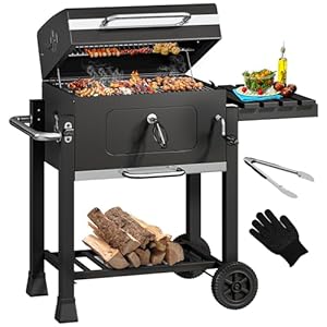 YITAHOME XL Holzkohlegrill BBQ Smoker Grillwagen mit Deluxe Emaille-Kohlenstoffpfanne & Thermometer, Standgrill für Party, Camping, Garten, inkl. Küchenzange und Handschuh