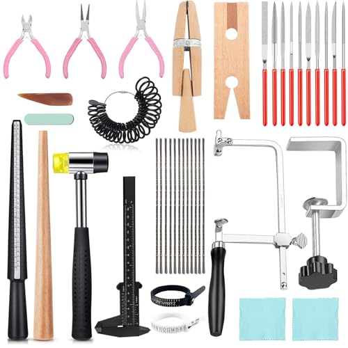 Jewelers Tools Set 27Pcs Ring Making Kit Includes Jewelers Saw with 144 Saw Blades Bench Pin Clamp Wooden Ring Clamp Rings Sizer Measuring Tool Rubber Hammer Diamond Needle Files Jewelry Pliers