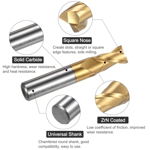 Image of uxcell Carbide Square End Mill, 5 /8 inch Diameter ZrN Coated 2 Flutes Milling Bit Cutter, for Aluminum Copper Non-Ferrous Alloy Metal, 5 /8 inch Shank 1-5 /8 inch Cut Length 3-1 /2 inch Long