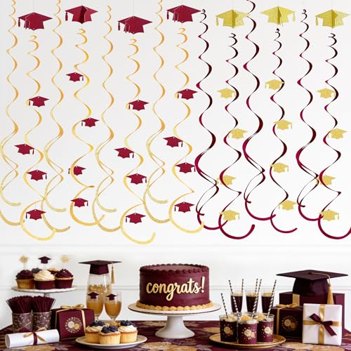 Image of 24Pcs Maroon Gold Graduation Grad Cap Hanging Felt Swirl Streamer Spiral Ceiling Garland for Congrats Grad Class of 2026 We are So Proud of You You Did It I'm Done Themed Party Decorations Supplies