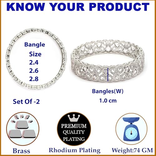 Image of ZENEME Rhodium Plated Silver Toned Teardrop Shaped White American Diamond Studded Bangles Set Of 2 For Women & Girls