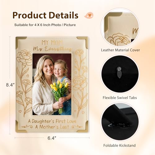 Image of FLYAB 4x6 Mothers Day Picture Frame First Mothers Day Gifts for New Mom from Husband Parents Mom Picture Frame Decorations for Tabletop Wood Leather Frame Beige
