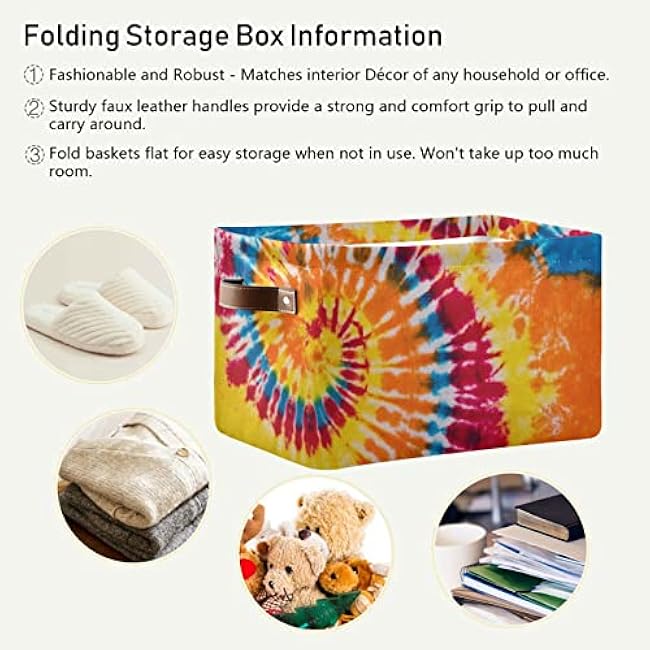 susiyo Red Yellow Orange Blue Tie Dye Rainbow Swirl Storage Bins, Decor Collapsible Canvas Storage Basket for Shelves Closet - 1 Piece