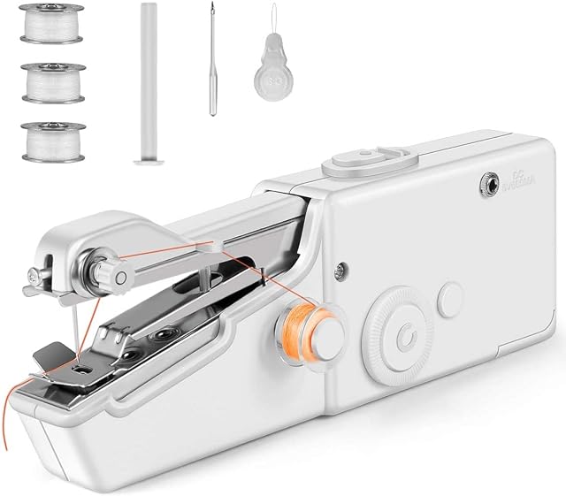 Yuefgoccy Handheld Sewing Machine, Mini Machine for Beginners, Portable with Accessories, Suitable Clothing, Curtains, Denim, Leather, Home Travel Use, White-s1