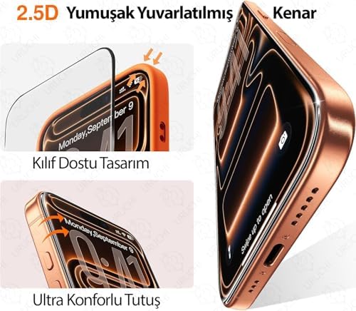 URUCHI Premium iPhone 16 Ekran Koruyucu 2'li Paket, Ultra HD Netlik & İnce Siyah Çerçeve, 9H+ Kırılmaz Cam, Tam Kaplama, UltraFit Kurulum Aparatı ile - Görsel 7