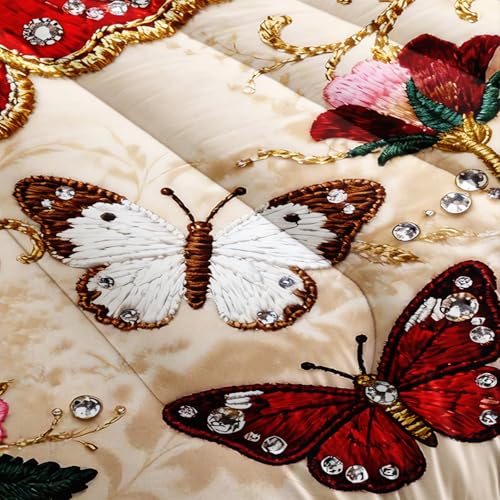 Image of AILONEN Butterfly Floral Comforter Set for Women Girls Adults Decor Full Size,Red Gold Gemstone Bedding Sets,3-Piece,1 Quilt with 2 Pillowcases,Soft Breathable