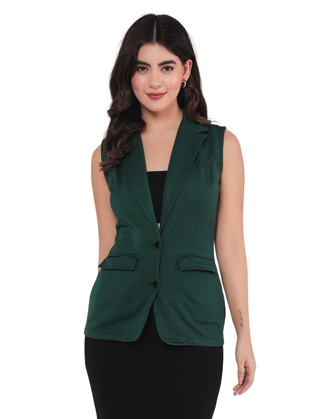 Solid Green Women's Coat - Polyester, Sleeveless Coat (10493)-image-20