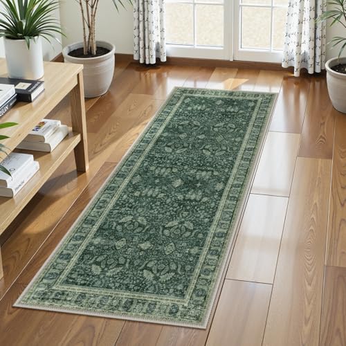 Lahome Vintage 2x5 Green Kitchen Runner Rugs Non Skid Washable, Boho Runner Rug for Hallway with Rubber Backing, Border Printed Carpet Runners for Bathroom Entryway Laundry (2x5ft,Green) 2'
