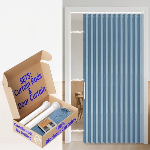 Image of AJAZZ Blackout Accordion Door with Curtain Rods Adjustable 28-52 inch Long Closet Door Curtain Invisible Applicable Bedroom Room Living Room Doorway (1 Pack, 52 W x 78 L, Blue)