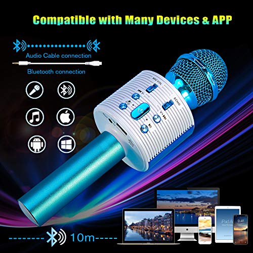 FISHOAKY Wireless Bluetooth Karaoke Microphone, 3 in 1 Portable Kids Karaoke Mic Player with colorful LED and Magic Voice, for Home, KTV, Camping, Birthday Party