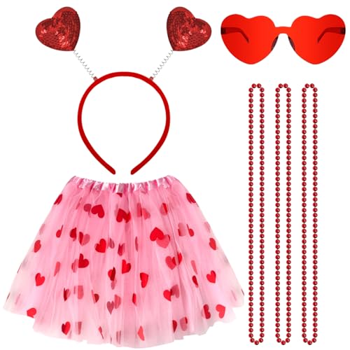 QLINLEAF Valentines Day Tutu for Women Cupid Costume Accessories Pom Pom Headband Heart Sunglasses for 80s Parades Photo Props Halloween Wedding Dance Party