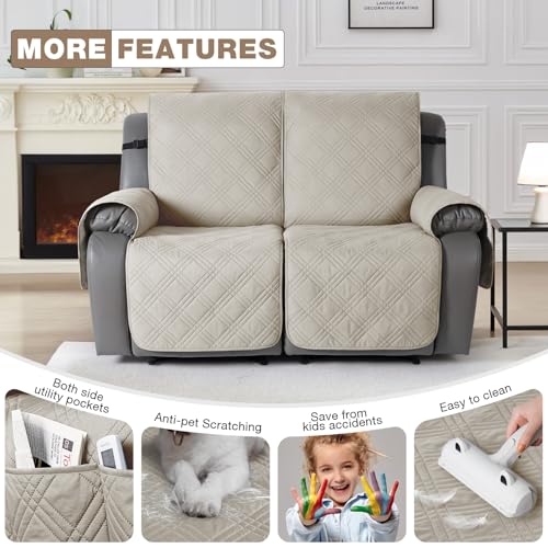 Image of TAOCOCO 100% Waterproof Loveseat Recliner Cover, Non Slip Split Recliner Couch Cover with Elastic Straps Pocket, Washable Reclining Sofa Cover Furniture Protector for Kids, Dogs, Pets(2 Seater,Cream)