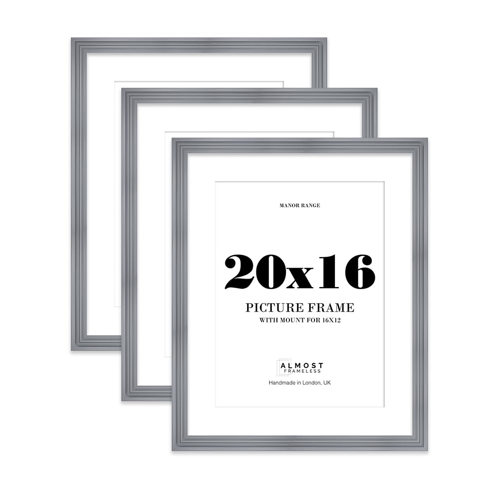 20x16 Grey Picture Frame - 20x16 Frame with 16x12 Mount for 20x16/16x12 Pictures Art Deco Style Room Decor, 3 Pack