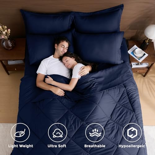 HEVUMYI Navy Blue King Comforter Set - 7-Piece All Season Bed in a Bag King, Ultra Soft Bedding Set with Comforter, Flat Sheet, Fitted Sheet, Pillowcases, Pillow Shams, Navy Blue