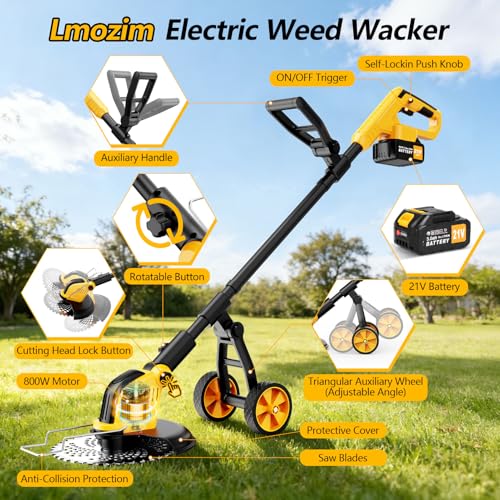 Image of 6000mAh Cordless Electric Weed Wacker, 12 inch Brushless Cordless String Trimmer, 4 in 1 Weed Eater /Brush Cutter /Weed Trimmer with 2*Batteries Powered & Auxiliary Wheels, Grass Trimmer for Yard Care