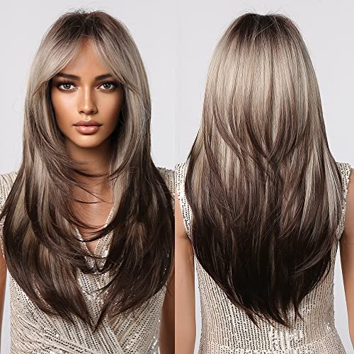 Testar Blonde Brown Ombre Wigs For Black Women Long Layered Straight Wigs With Air Bangs Cosplay Synthetic Heat Resistant Wig Natural Looking For Daily Use #TOP4
