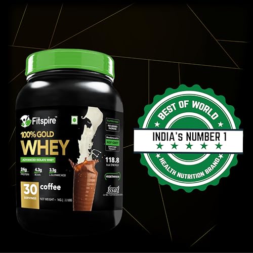Image of Fitspire 100% Gold Whey Advanced Isolate | 24g Protein | 4.3g BCAA | 100% Authentic & No Adulteration |Isolate Whey Blend |Muscle Growth & Recovery | DigeZyme For Easy Digestion(Coffee,1 kg /2.2 lb, 30 Servings)