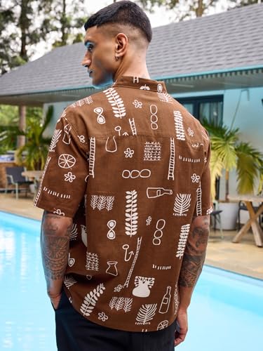 Image of Bewakoof Men's All Over Printed Oversized Fit Half Sleeve Collar Pure Cotton Shirt