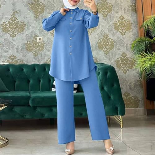 Image of ODIZLI Muslim Long Sleeve Blouse Wide Leg Pants Suits Autumn Solid Abaya Women Matching Sets 2PCS Tracksuits Turkey Kaftan