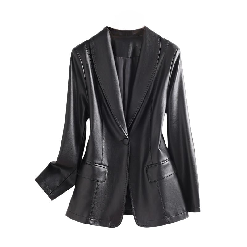 Blazer De Piel De Cordero para Mujer Blazer De Cuero De Manga Larga con 1 Botón Frontal Cuello Chal Chaqueta De Traje Entallada Elegante Chaqueta De Oficina para Mujer Color Negro Talla XS