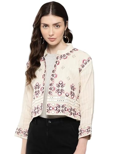Womens Ethnic Wear Cream Colour Zari Thread Mirror Embroidery Cotton Ethnic Jacket