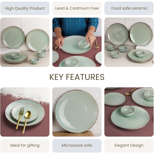 Image of The Earth Store Mint Ceramic Dinner Set of 8 Pieces Serving for 4, Microwave and Dishwasher Safe Plates & Bowls for Dining, Bone-Ash Free Crockery Set for Dining and Gifting