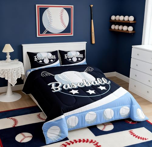 Image of Feelyou Kids Baseball Comforter Set King Size Blue White Baseball Game Bedding Set for Boys Girls Sport Theme Duvet Set Softball Lover Quilt Set 2Pcs