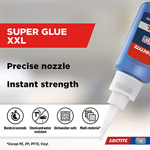 Image of Loctite XXL, Strong All Purpose Liquid Adhesive for Accurate Repairs, controlled application on hard to reach surfaces, bonds in seconds, waterproof, multi material, DIY, super glue, 20g*2