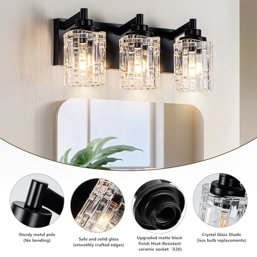 Image of 3-Light Black Bathroom Light Fixtures, Clear Glass Shade | Modern Wall Sconces for Mirror, Vanity Lighting for Bedroom, Hallway, Kitchen, E26 Base Easy Install
