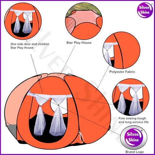 Image of SILVER SHINE Foldable Kids Play Tent House | Pop-Up Indoor & Outdoor Playhouse for Boys & Girls (Up to 10 Years) | Multi-Purpose Tent with Mosquito Net & Fun Orange Star Theme | Multicolor
