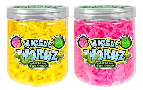 JA-RU Wiggle Wormz Glow in the Dark Squishy Sensory Worms Toy Jar (2 Jars, Yellow & Pink) Stress Relief Super Strethy Fidget Sensory Play | 5357-2A