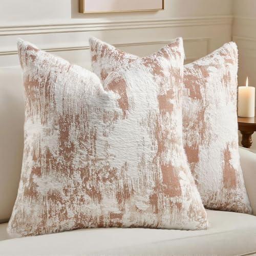 HAUSSY Rust White Throw Pillow Covers 18x18 Set of 2 Neutral Faux...