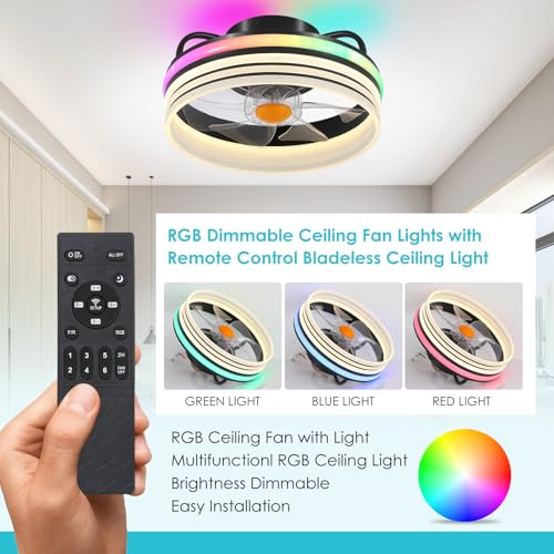 Image of Mpayel Flush Mount Ceiling Fan with Light, Small Low Profile Ceiling Fan,13 inch RGB Dimmable LED Bladeless Ceiling Fans, Modern Enclosed LED-RGB Ambient Light for Bedroom, Kids Room, Kitchen