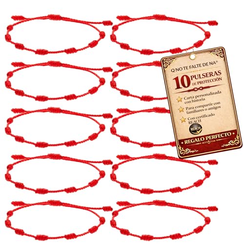 Pulsera Roja de Protección contra mal de ojo | Pulsera de Hilo Rojo Original para Suerte y Energía Positiva | Certificado REACH | Amuletos contra la Envidia. (Pack 10 Pulseras)