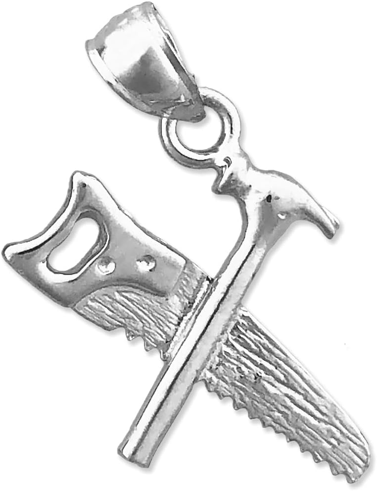 Rhodium Plated 925 Sterling Silver 3D Hammer and Saw Tool Charm