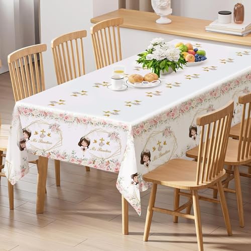 Image of MEHOFOND 3 Pack Mi Bautizo Tablecloths, 108 x 54 Inch Pink Flowers First Holy Communion Tablecloths,Girl Mi Primera Comunion Party Decorations, God Bless Party Table Cover Decor