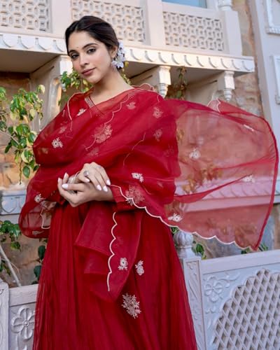 Image of Nermosa Women Embroidery Solid Anarkali Kurta and Pant Set with Dupatta