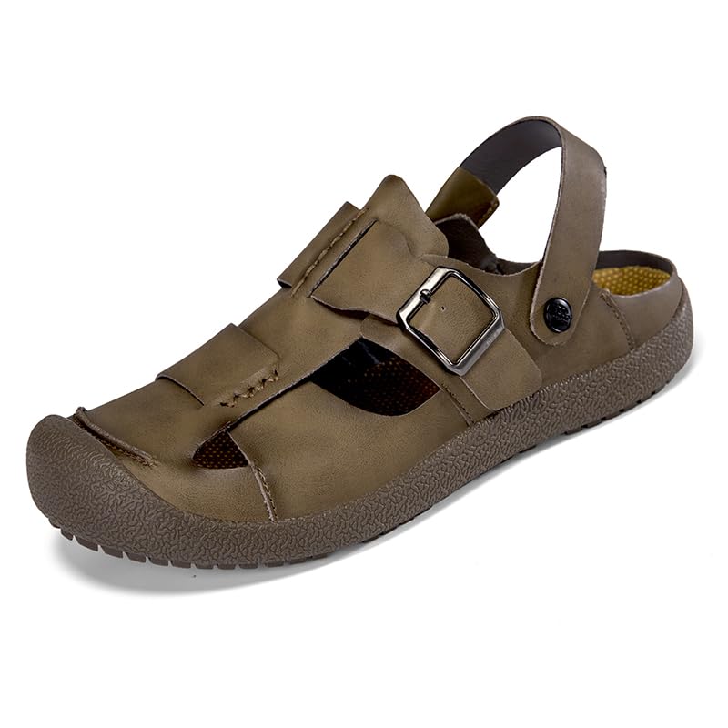Men's Leather Sandal Slide Closed Toe Outdoor Casual Fisherman Sandal for Men