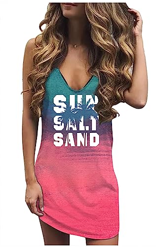 Image of Live Simple Coconut Tree Sleeveless Mini Dress Summer Beach Mini Dress Women's Summer Casual Sexy V Neck Mini Tank Dress