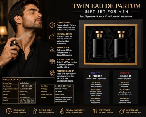 Men's Eau de Parfum Gift Set, 2 x 100ml Long Lasting Fragrance Spray, Citrus Amber Musk & Woody Vanilla Scent, Premium Perfume Duo for Daily Wear and Special Occasions - 1