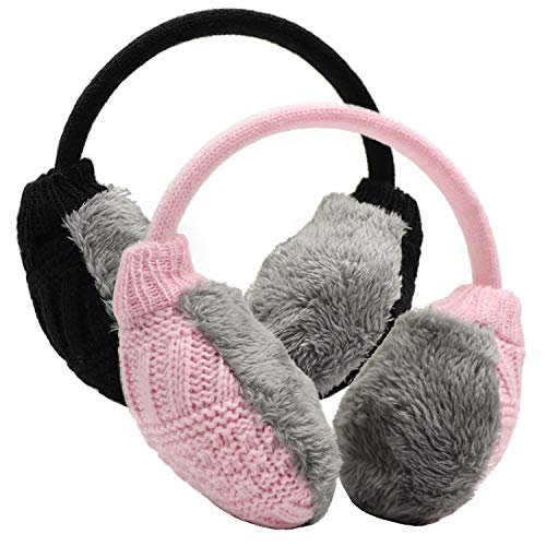 PODALOA Ear Muffs For Women Men, Winter Ear Warmers Unisex Adjustable Outdoor Earmuffs 2PCS (Black-Pink)