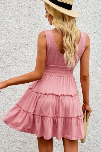 Image of Dokotoo Womens Summer Dresses 2026 Sleeveless Button Down Smocked Empire Waist Ruffle Tiered Casual Swing Mini Dress