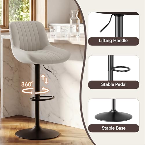 Image of Nalupatio Bar Stools Set of 1, Adjustable Modern Swivel Bar Stools with Backs, Counter Height Performance Fabric Island Chairs for Home Kitchen, Light Gray