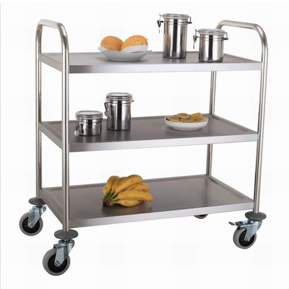 3-Tier Stainless Steel Service Trolley with Handle and Brake Casters, Heavy Duty Catering Cart 150kg Capacity