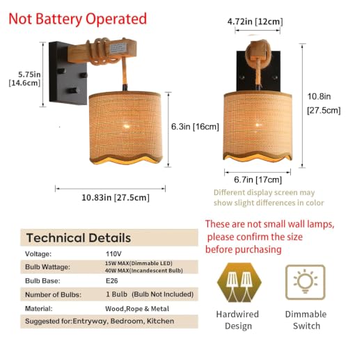 Image of Rattan Wall Sconce with Hemp Rope Wood arm for Boho Farmhouse Bedroom | Wood arm & woven shade. Single pack,On /Off Dimmable Switch fast install, fits farmhouse boho decore,1*E12 bulb sockets