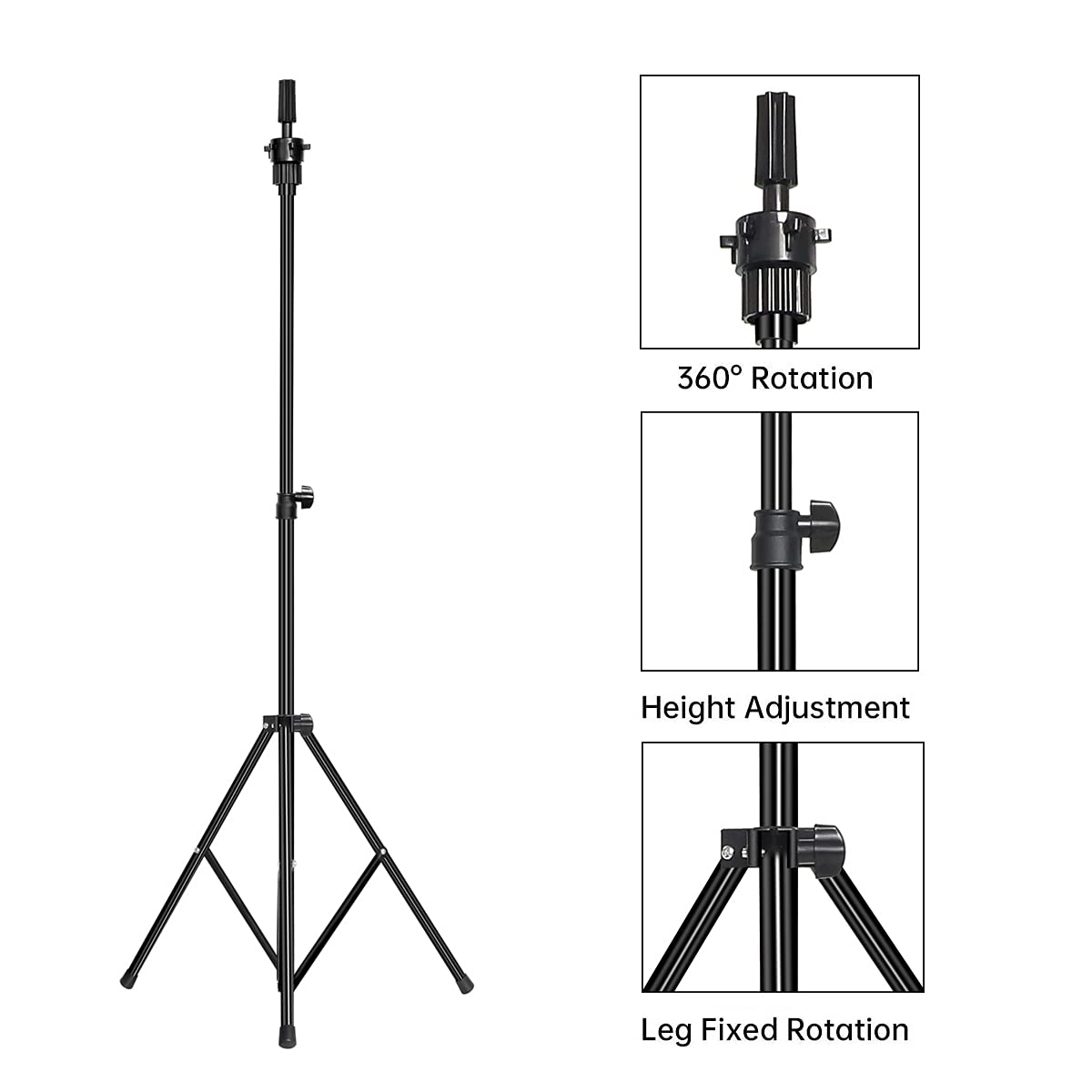 Mannequin Head Stand, Adjustable (32.3 - 53 inch) Metal Wig Stand Tripod for Canvas Head, Styrofoam Head, Hairdressing Training (Black)